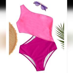Color Block one shoulder pink stomach cutout one piece swimsuit Sz large